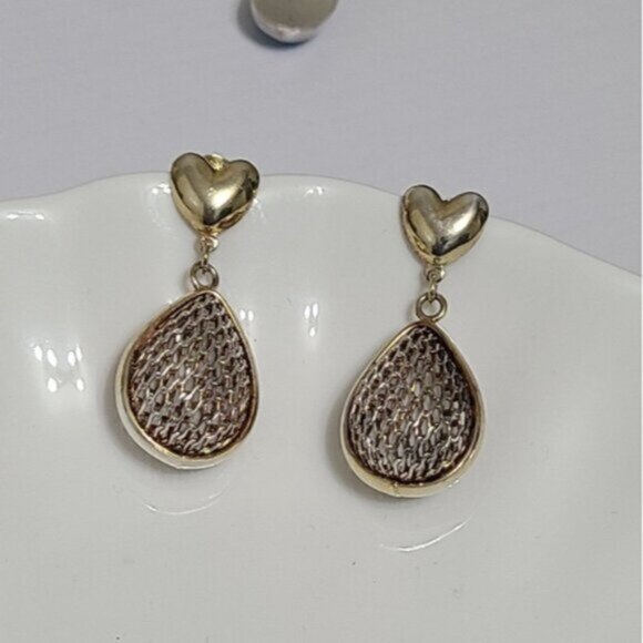 Vintage Sterling Silver Gold Plated Heart  Chunky Mesh Drop Dangle Earrings - Picture 6 of 9